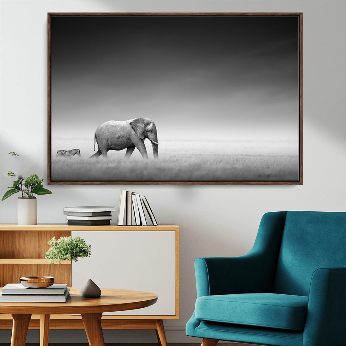 Elephant and Zebra Wall Art Canvas Print, Modern Artwork