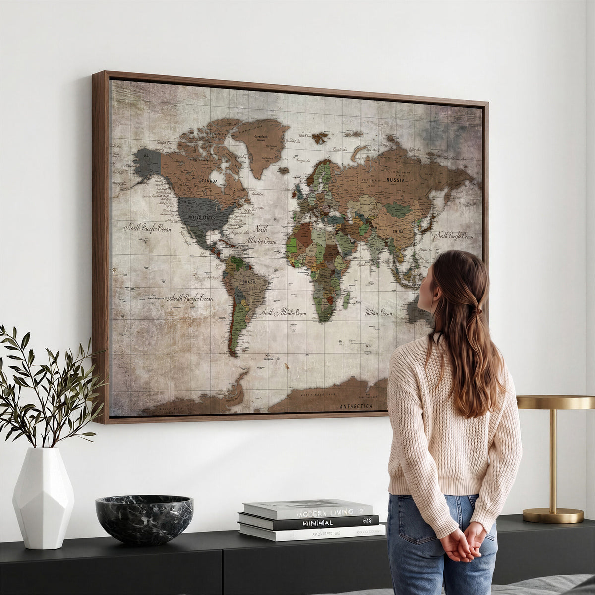 65393892-MGV-CV-36X24 - World Map Wall Art Canvas Print, Modern Decorative Framed Map Artwork Prints for Living Room, Office, Bedroom Wall Decor