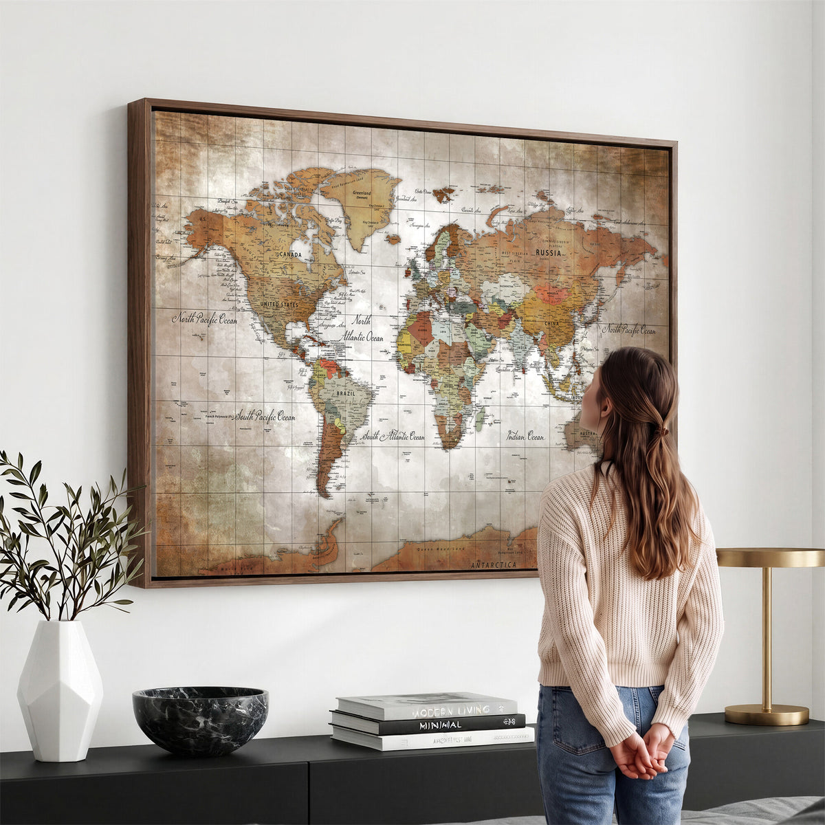 51643807-MGV-CV-36X24 - World Map Wall Art Canvas Print, Modern Decorative Framed Map Artwork Prints for Living Room, Office, Bedroom Wall Decor