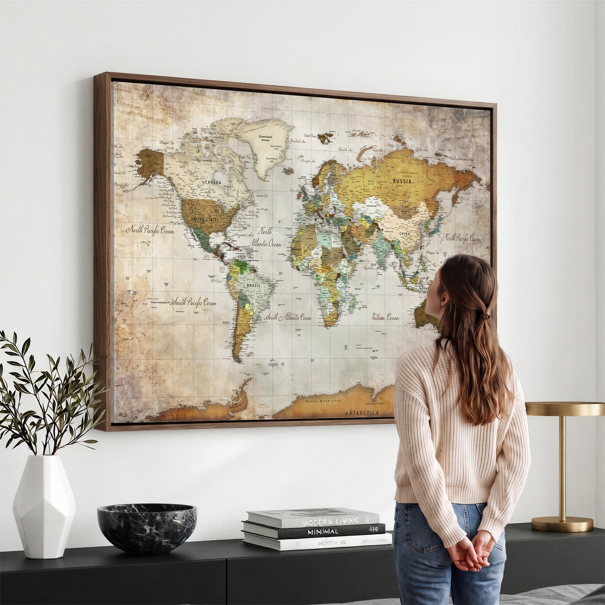 86108417-MGV-CV-36X24 - World Map Wall Art Canvas Print, Modern Decorative Framed Map Artwork Prints for Living Room, Office, Bedroom Wall Decor