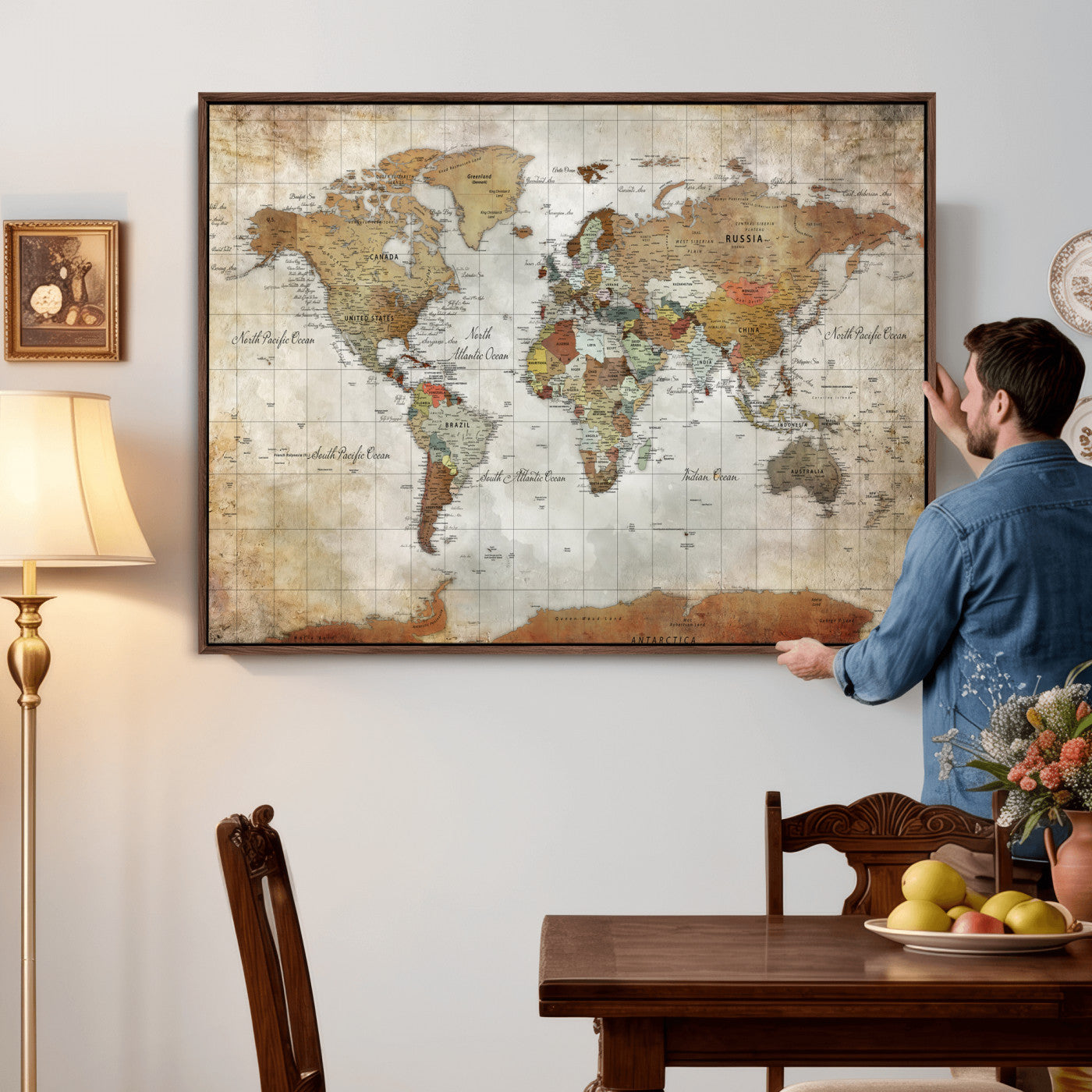 19855445-MGV-CV-36X24 - World Map Wall Art Canvas Print, Modern Decorative Framed Map Artwork Prints for Living Room, Office, Bedroom Wall Decor
