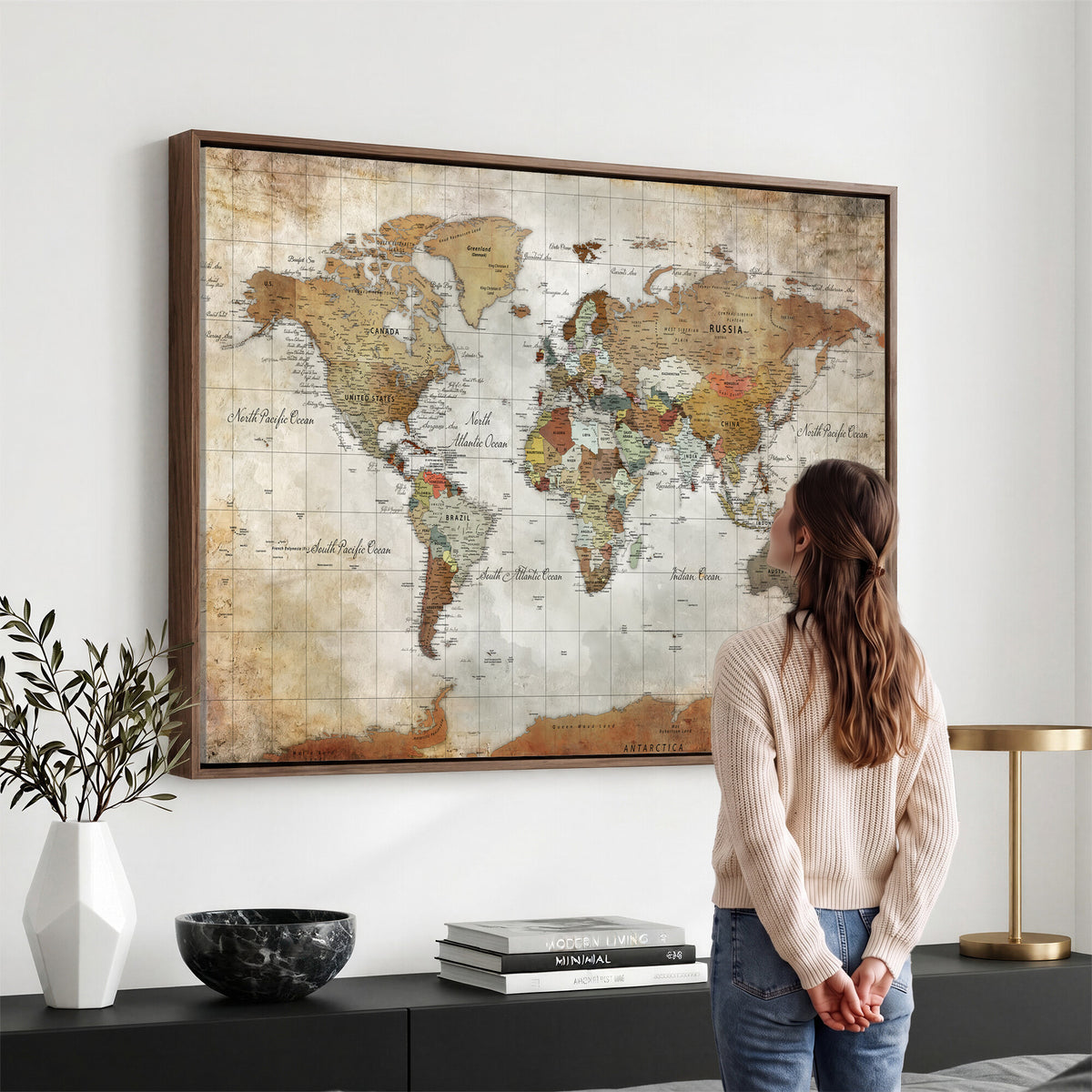 19855445-MGV-CV-36X24 - Custom Framed Modern Push Pin World Map Wall Art, Places Visited Tracker, Home Office and Entryway Decor