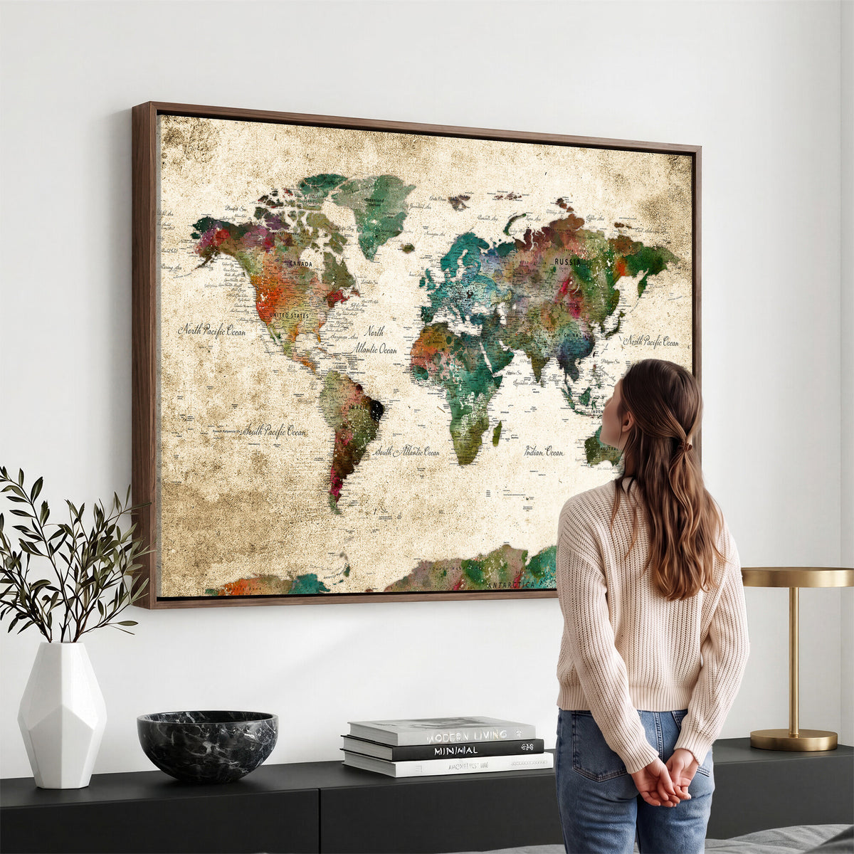 87544591-MGV-CV-36X24 - World Map Wall Art Canvas Print, Modern Decorative Framed Map Artwork Prints for Living Room, Office, Bedroom Wall Decor