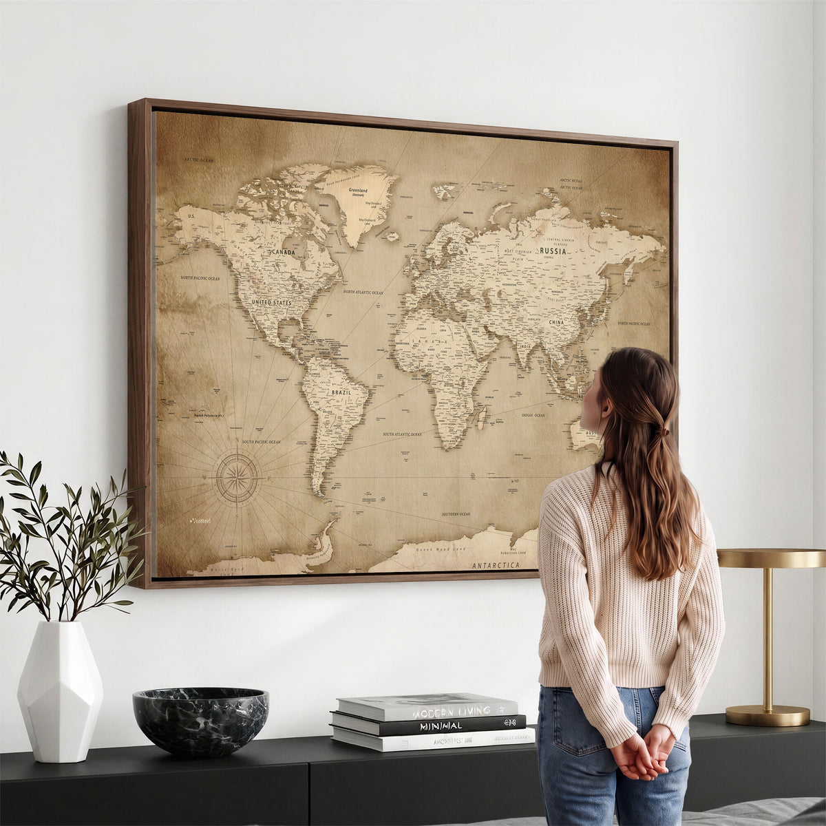 34795134-MGV-CV-36X24 - World Map Wall Art Canvas Print, Modern Decorative Framed Map Artwork Prints for Living Room, Office, Bedroom Wall Decor