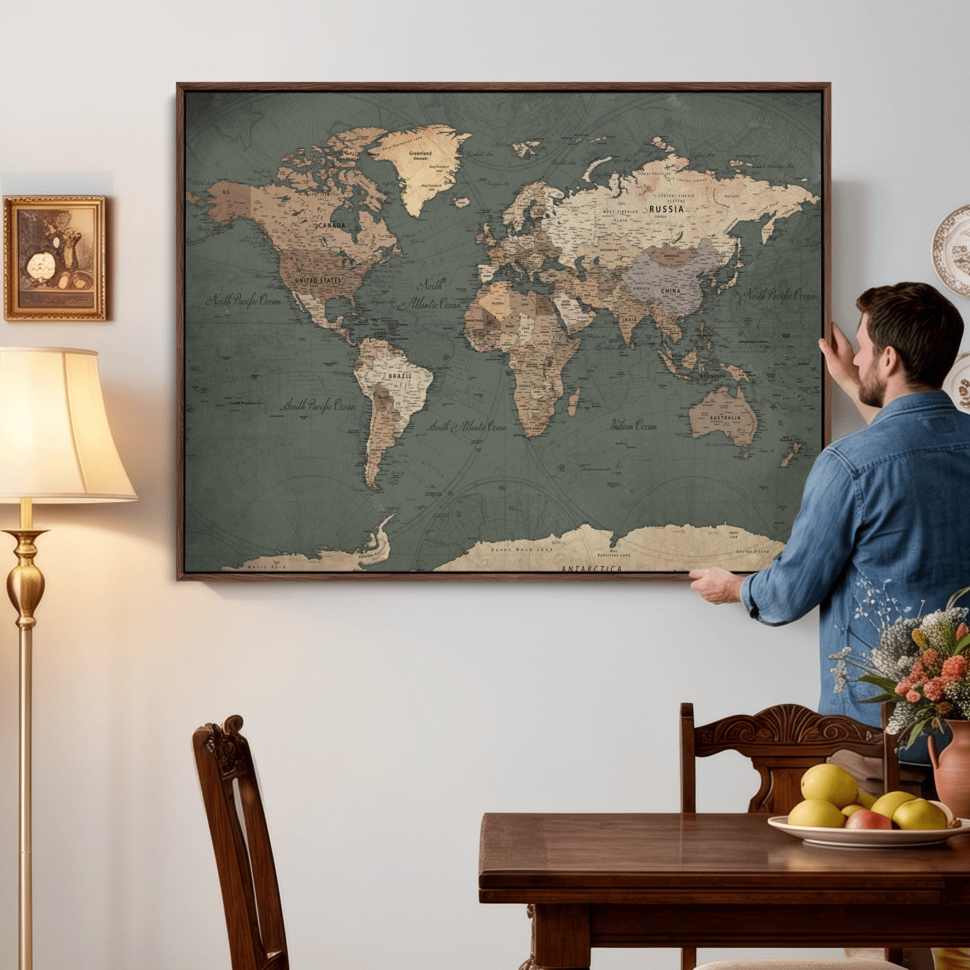 84619399-MGV-CV-36X24 - World Map Wall Art Canvas Print, Modern Decorative Framed Map Artwork Prints for Living Room, Office, Bedroom Wall Decor