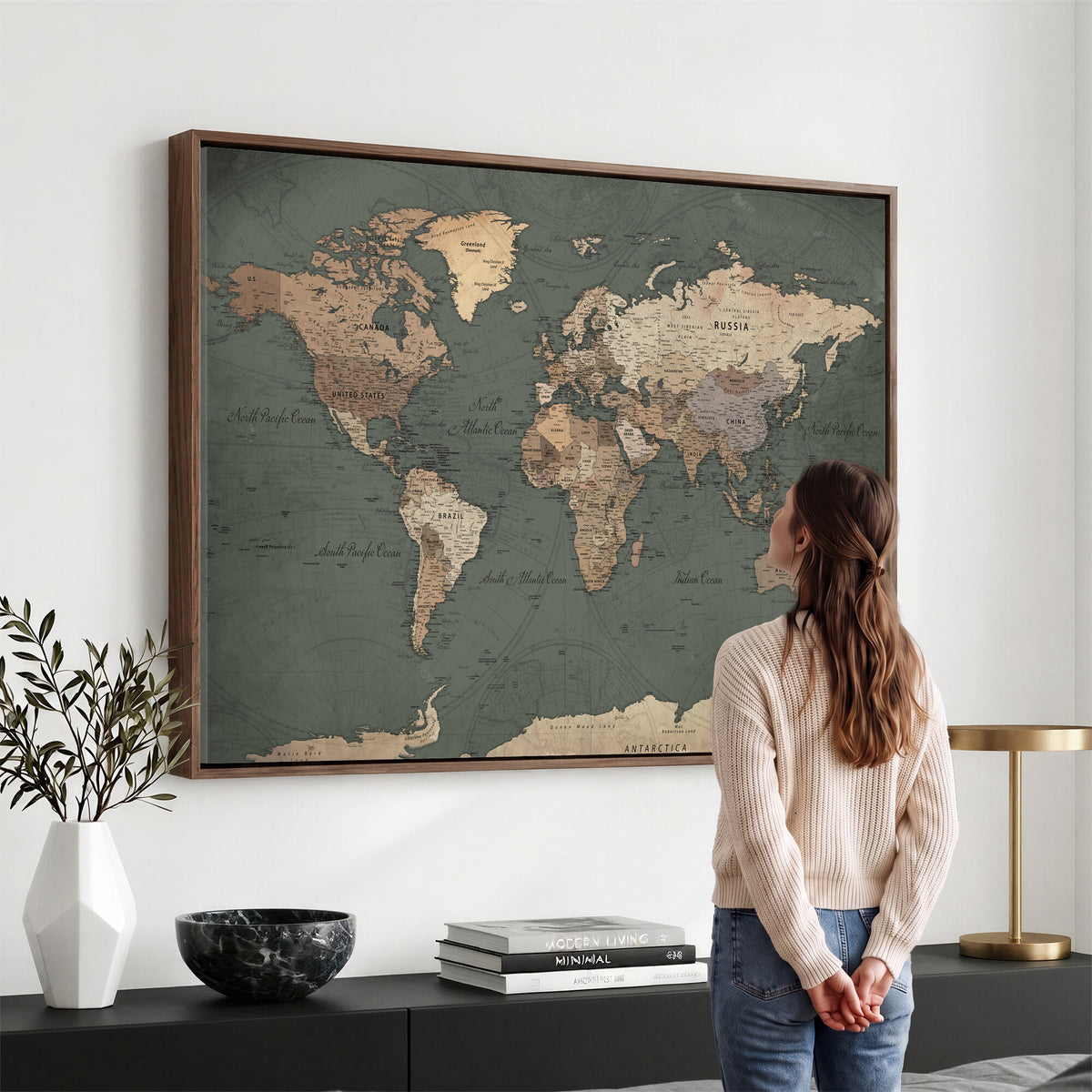 84619399-MGV-CV-36X24 - World Map Wall Art Canvas Print, Modern Decorative Framed Map Artwork Prints for Living Room, Office, Bedroom Wall Decor