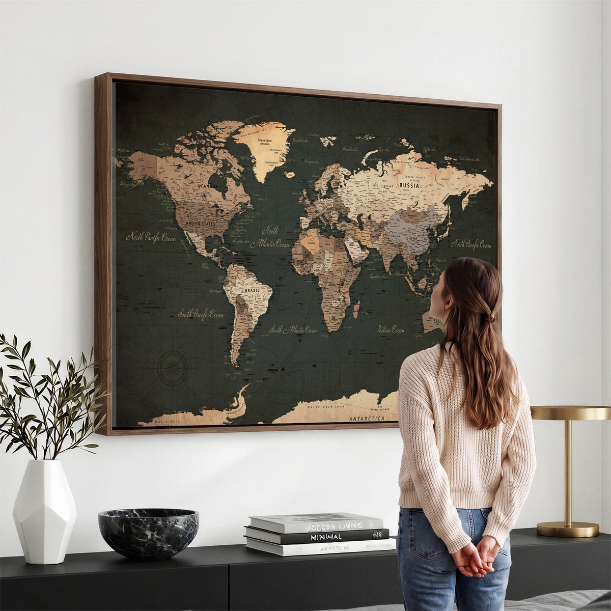 62059333-MGV-CV-36X24 - World Map Wall Art Canvas Print, Modern Decorative Framed Map Artwork Prints for Living Room, Office, Bedroom Wall Decor