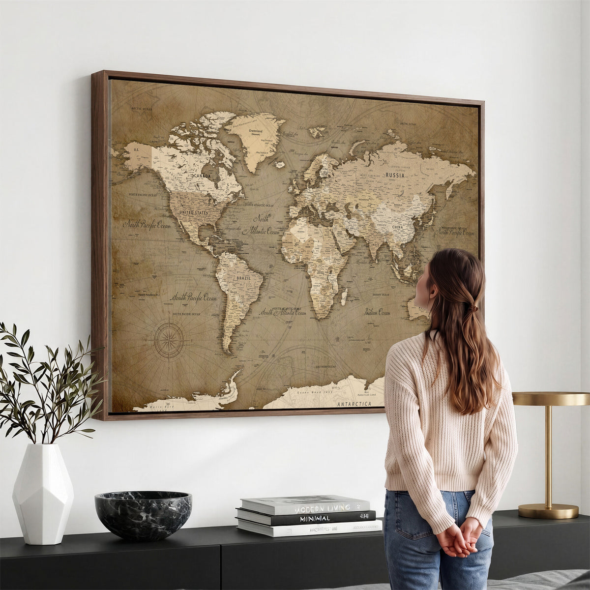 82314635-MGV-CV-36X24 - World Map Wall Art Canvas Print, Modern Decorative Framed Map Artwork Prints for Living Room, Office, Bedroom Wall Decor