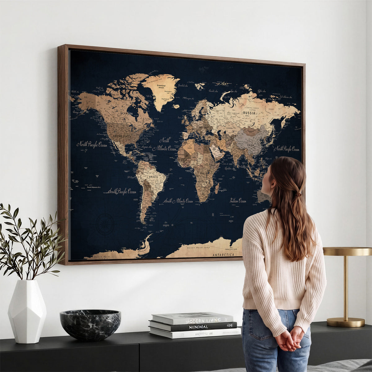 53971530-MGV-CV-36X24 - World Map Wall Art Canvas Print, Modern Decorative Framed Map Artwork Prints for Living Room, Office, Bedroom Wall Decor