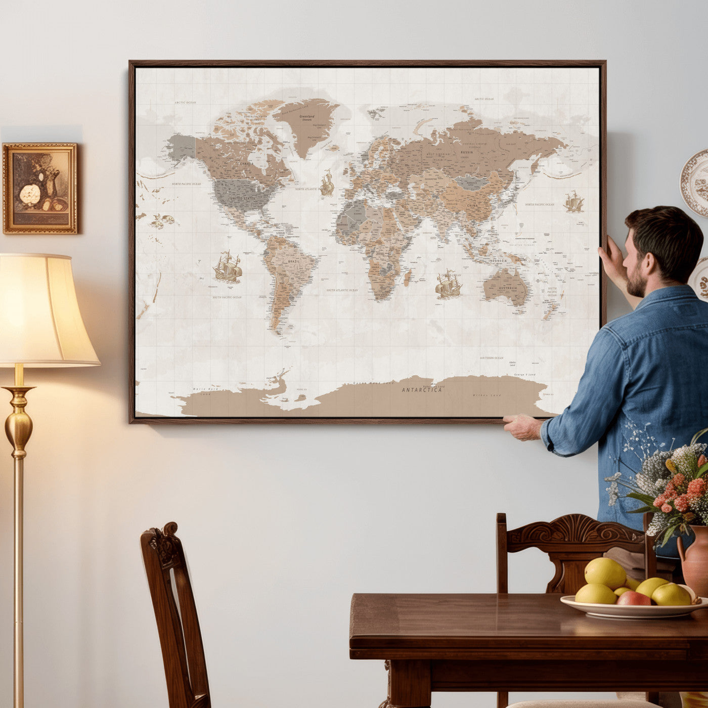 85057279-MGV-CV-36X24 - World Map Wall Art Canvas Print, Modern Decorative Framed Map Artwork Prints for Living Room, Office, Bedroom Wall Decor