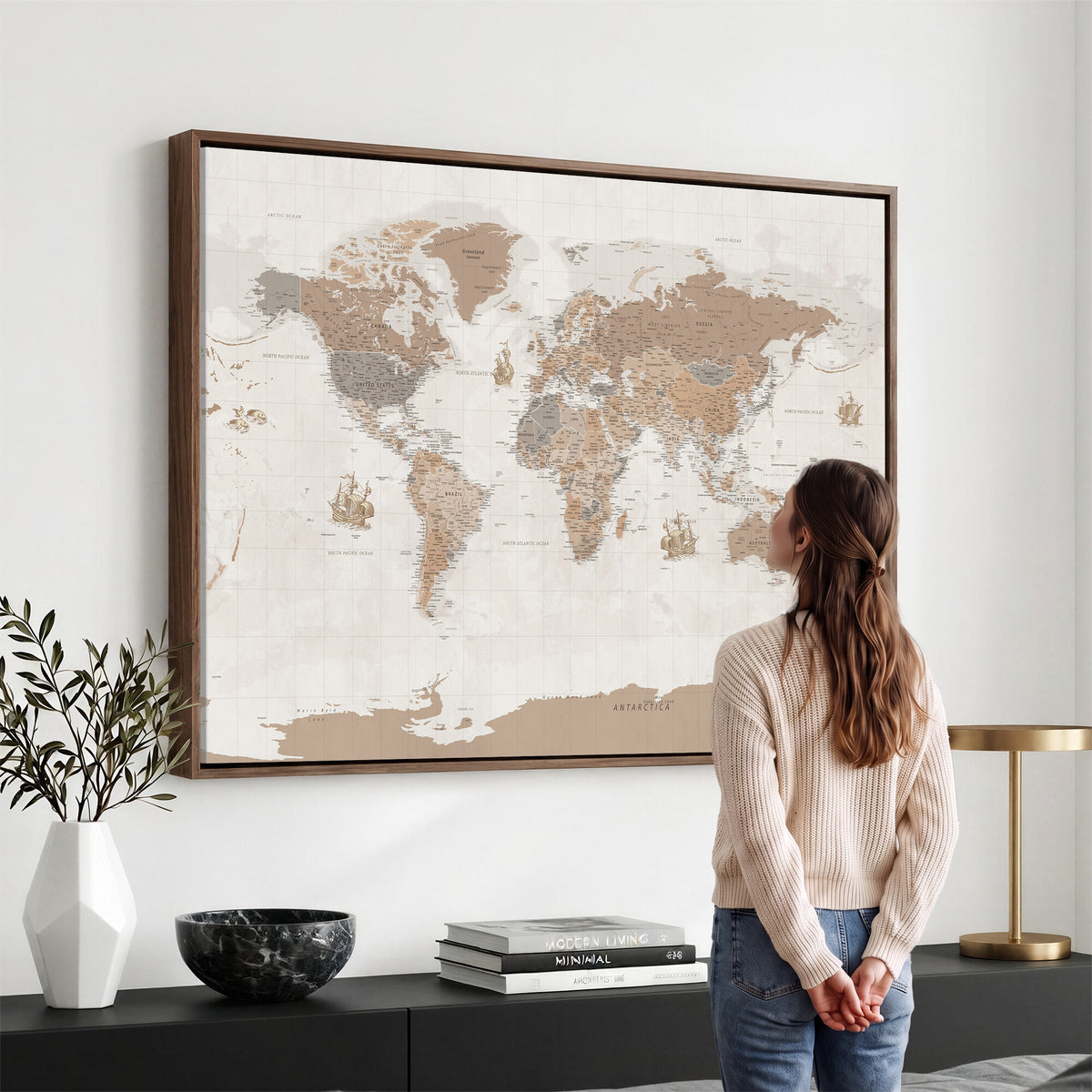 85057279-MGV-CV-36X24 - Framed Large World Map Canvas Print for Office Decor