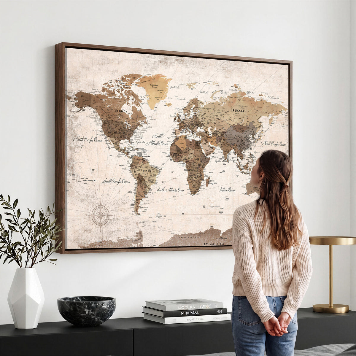 38923639-MGV-CV-36X24 - World Map Wall Art Canvas Print, Modern Decorative Framed Map Artwork Prints for Living Room, Office, Bedroom Wall Decor