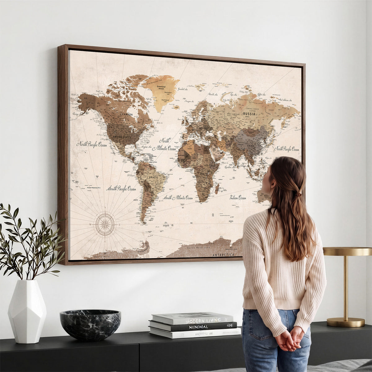 69860078-MGV-CV-36X24 - World Map Wall Art Canvas Print, Modern Decorative Framed Map Artwork Prints for Living Room, Office, Bedroom Wall Decor
