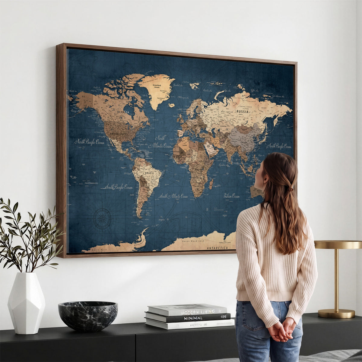 69886352-MGV-CV-36X24 - World Map Wall Art Canvas Print, Modern Decorative Framed Map Artwork Prints for Living Room, Office, Bedroom Wall Decor