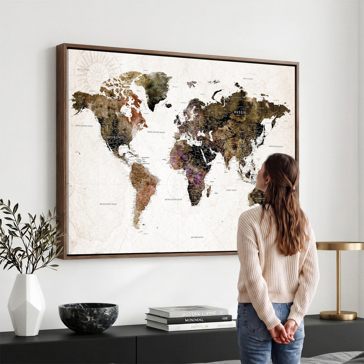 77651968-MGV-CV-36X24 - Watercolor World Map Print - Large Wall Art Canvas Print for
