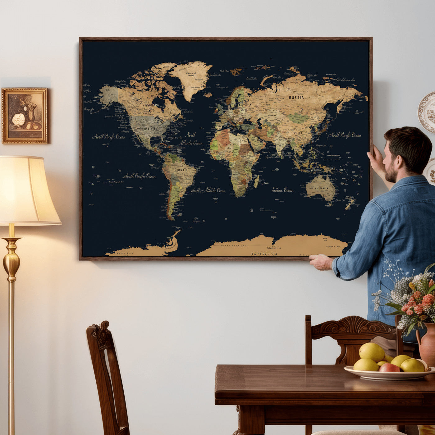 94449133-MGV-CV-36X24 - World Map Wall Art Canvas Print, Modern Decorative Framed Map Artwork Prints for Living Room, Office, Bedroom Wall Decor