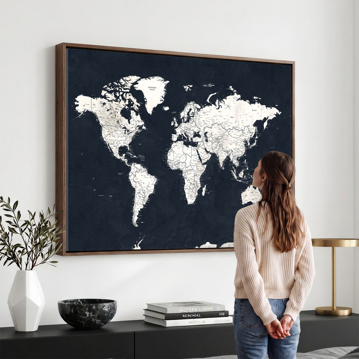 11963807-MGV-CV-36X24 - Black World Map Wall Art Canvas Print for Home Office and Meeting Room Decor