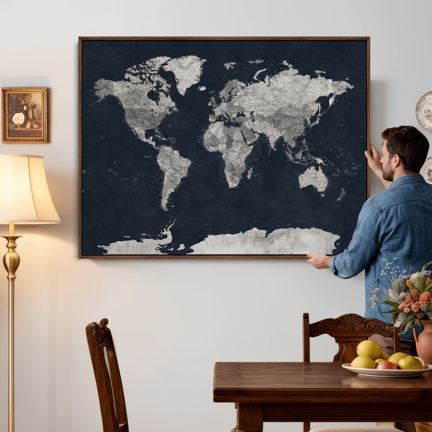 53886659-MGV-CV-36X24 - World Map Wall Art Canvas Print, Modern Decorative Framed Map Artwork Prints for Living Room, Office, Bedroom Wall Decor