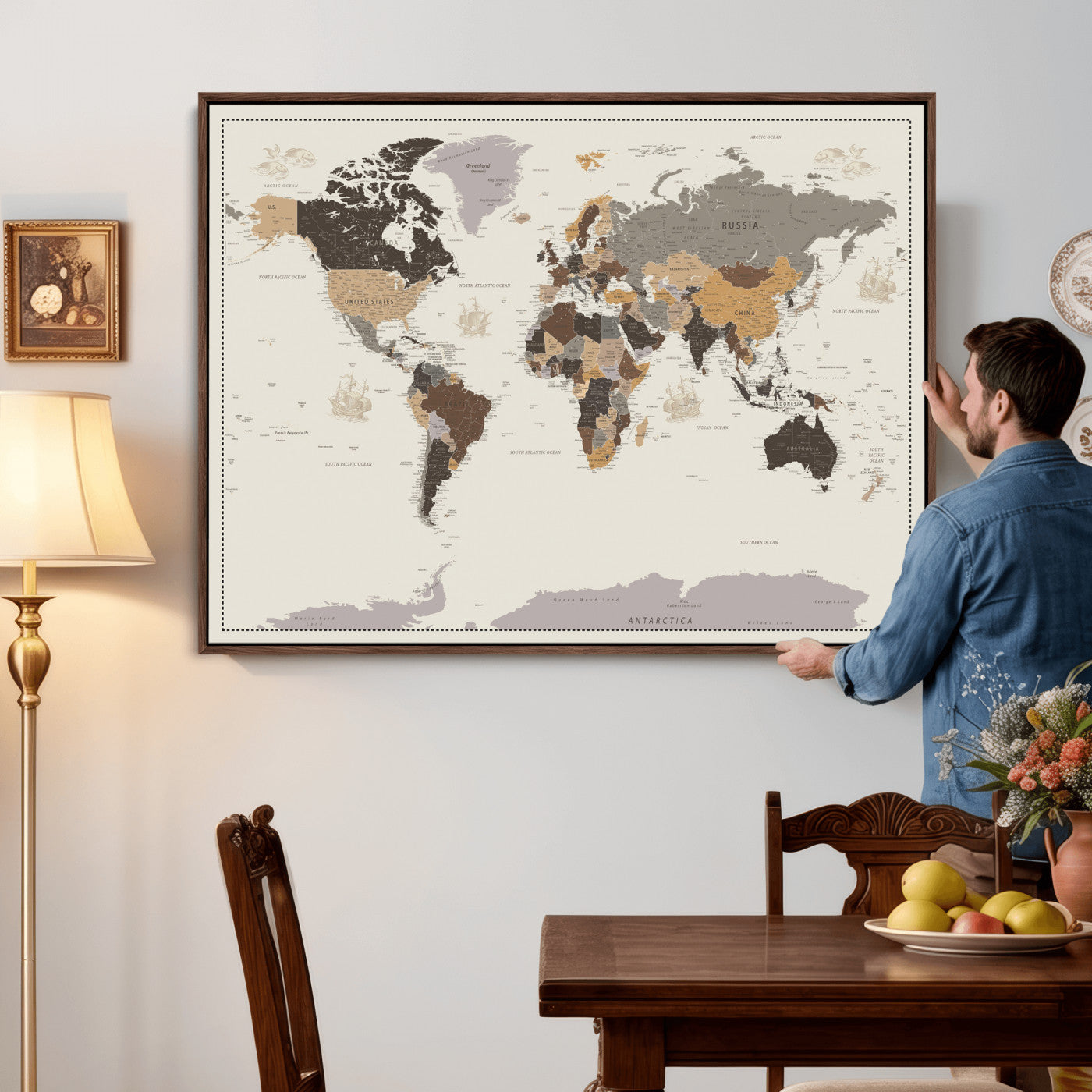 58777746-MGV-CV-36X24 - World Map Wall Art Canvas Print, Modern Decorative Framed Map Artwork Prints for Living Room, Office, Bedroom Wall Decor
