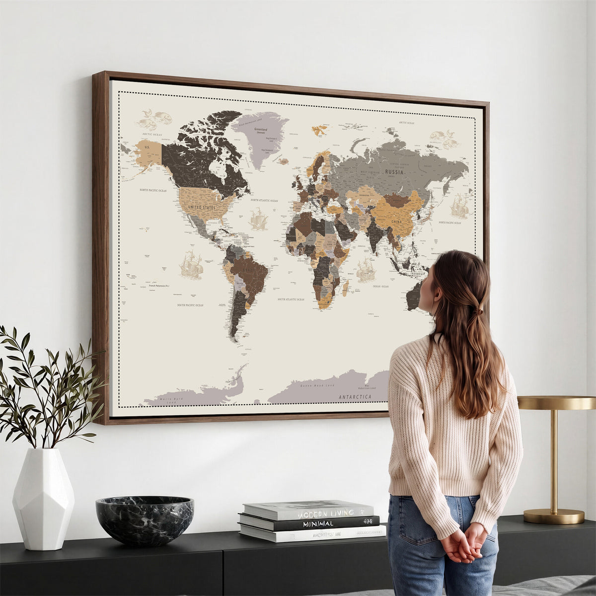 58777746-MGV-CV-36X24 - Custom Beige Modern Push Pin World Map Canvas Print, Places Visited Tracker, Bedroom and Study Decor