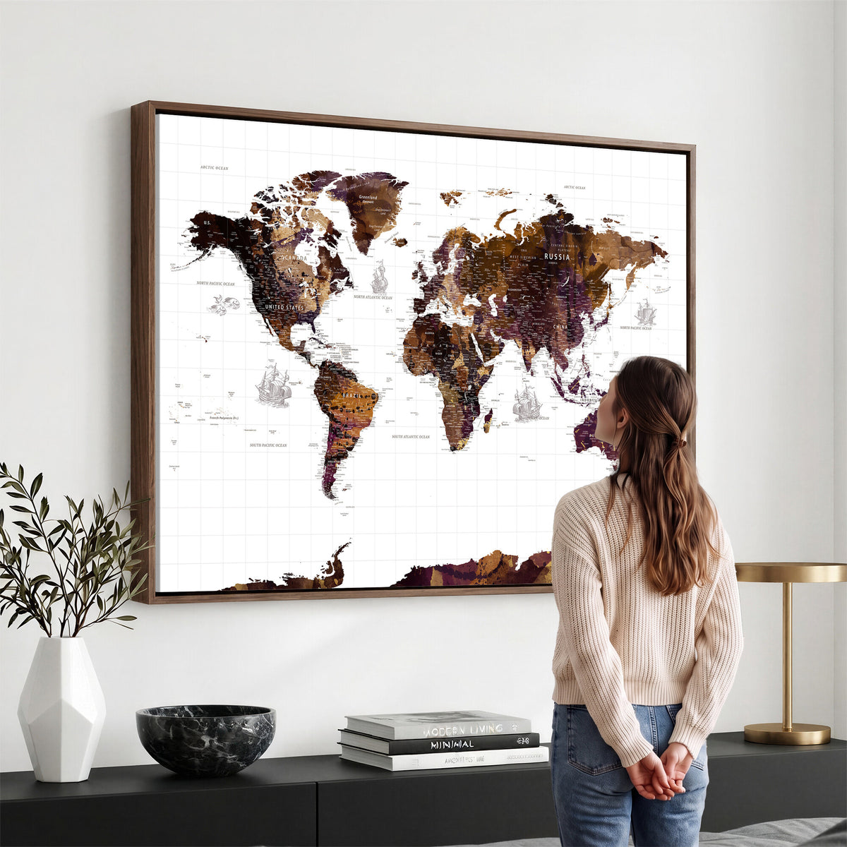 34792695-MGV-CV-36X24 - Rustic World Map Wall Art Canvas Print | Large Vintage Blue World Map on Wood Grain Style Background