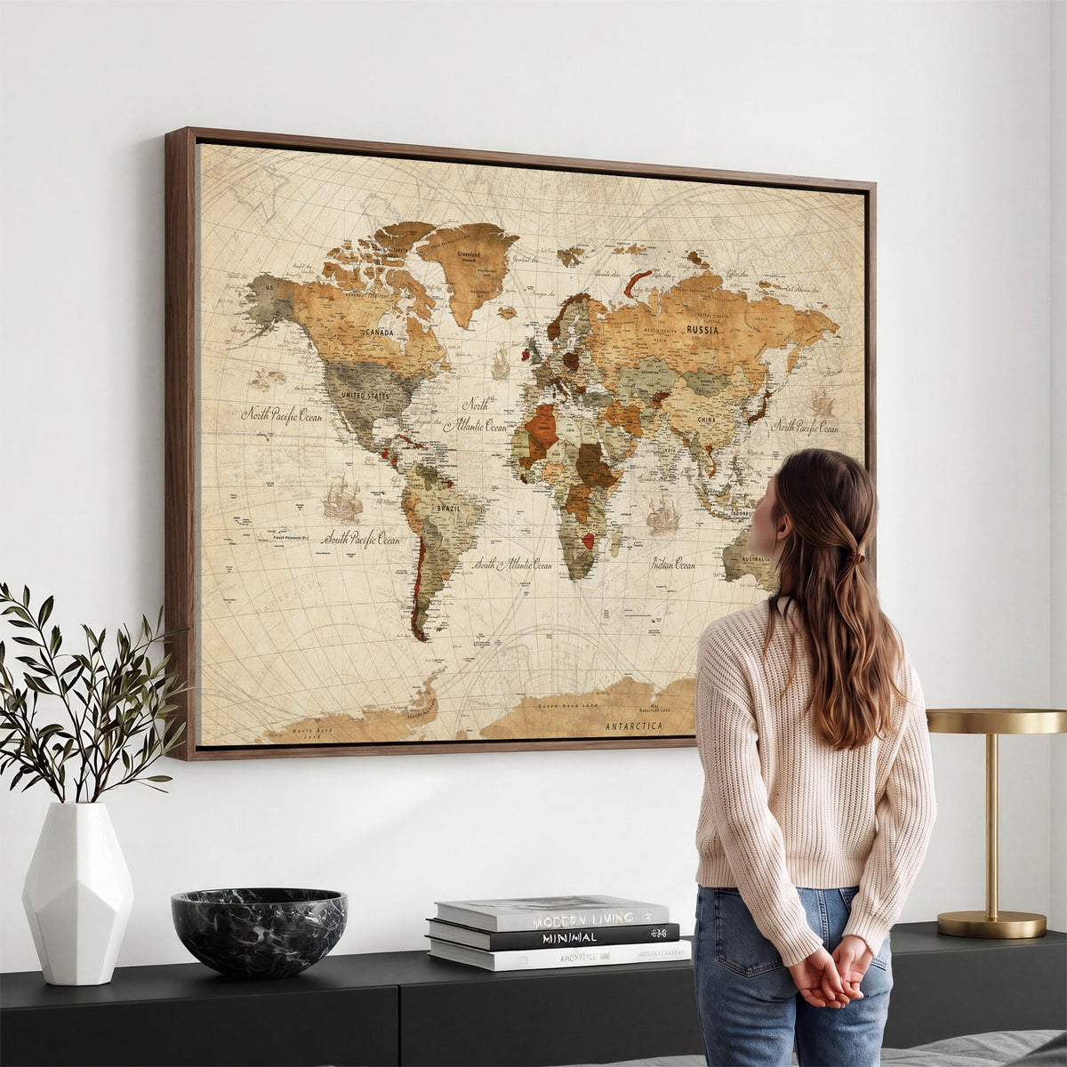 29684537-MGV-CV-36X24 - Vintage World Map Canvas Print, Framed Rustic Detailed Map of the World, Explorer Decor