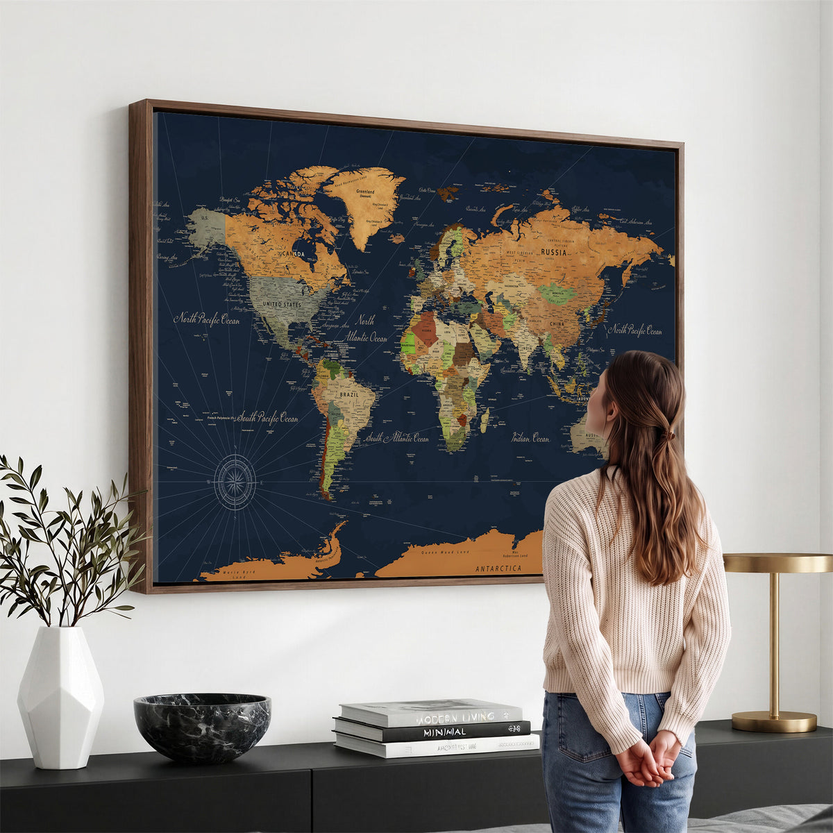 11715182-MGV-CV-36X24 - Modern World Map Canvas Print, Framed Detailed Map of the World Wall Art