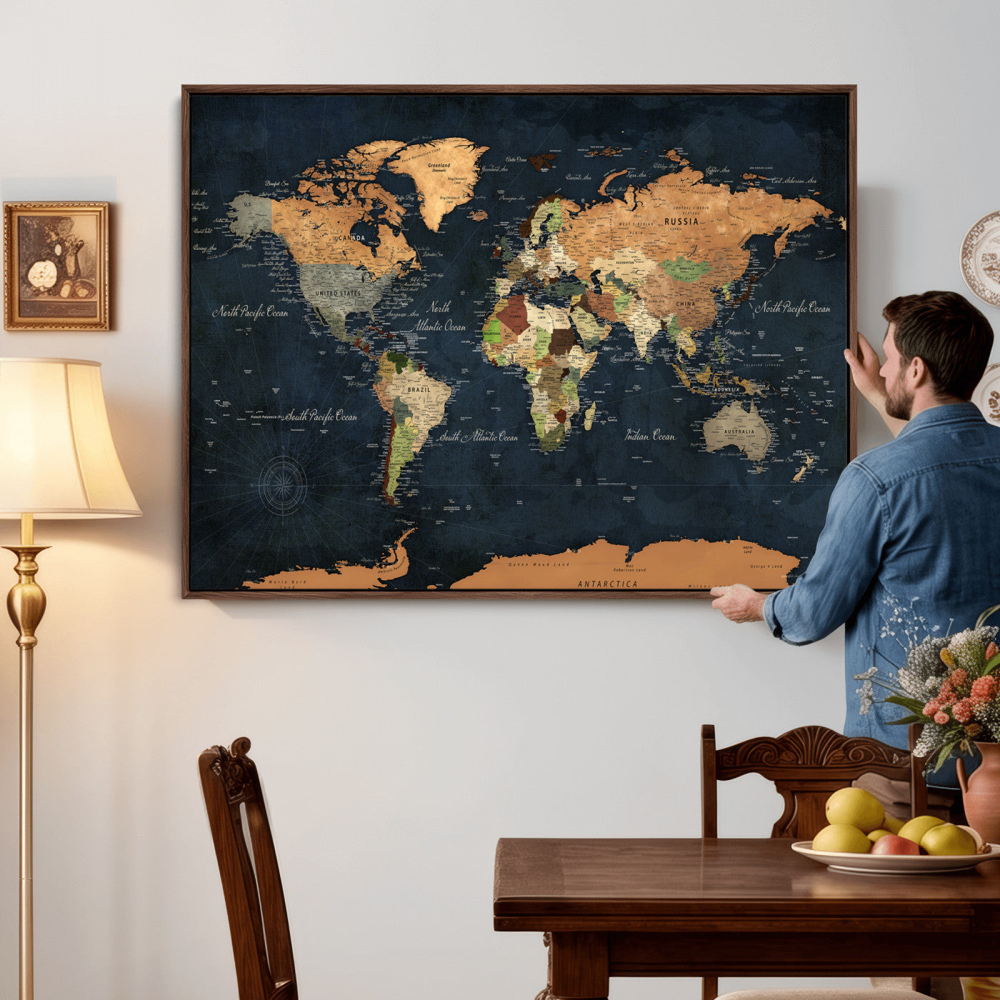 53717402-MGV-CV-36X24 - World Map Wall Art Canvas Print, Modern Decorative Framed Map Artwork Prints for Living Room, Office, Bedroom Wall Decor