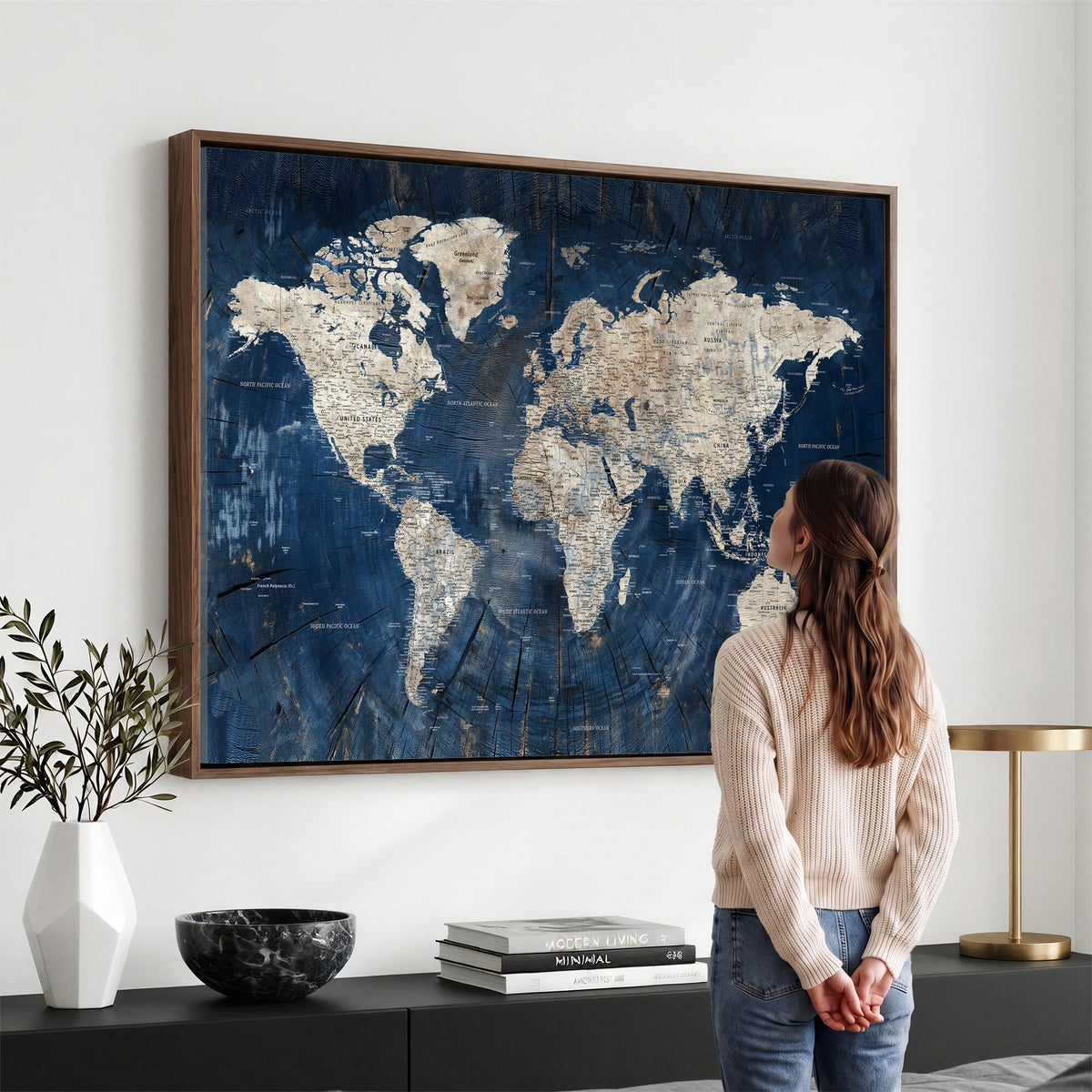 56126010-MGV-CV-36X24 - Large Blue World Map Wall Art Canvas Print for Home Office