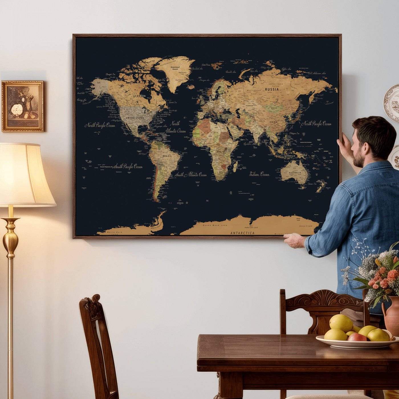 36916368-MGV-CV-36X24 - World Map Wall Art Canvas Print, Modern Decorative Framed Map Artwork Prints for Living Room, Office, Bedroom Wall Decor
