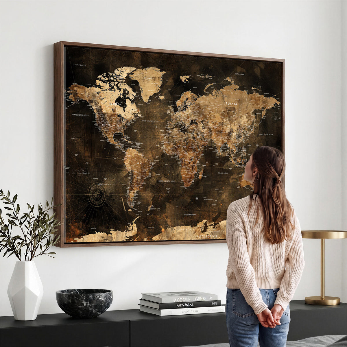 97742922-MGV-CV-36X24 - World Map Canvas Print, Modern Decorative Framed Map Artwork