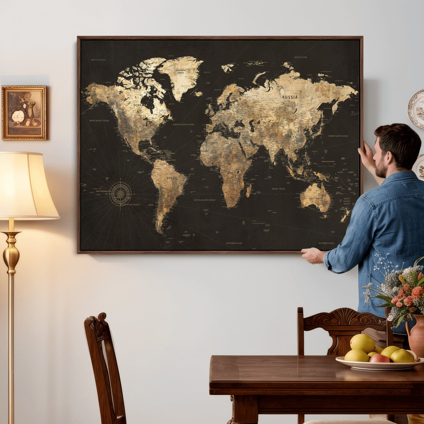70985630-MGV-CV-36X24 - World Map Wall Art Canvas Print, Modern Decorative Framed Map Artwork Prints for Living Room, Office, Bedroom Wall Decor