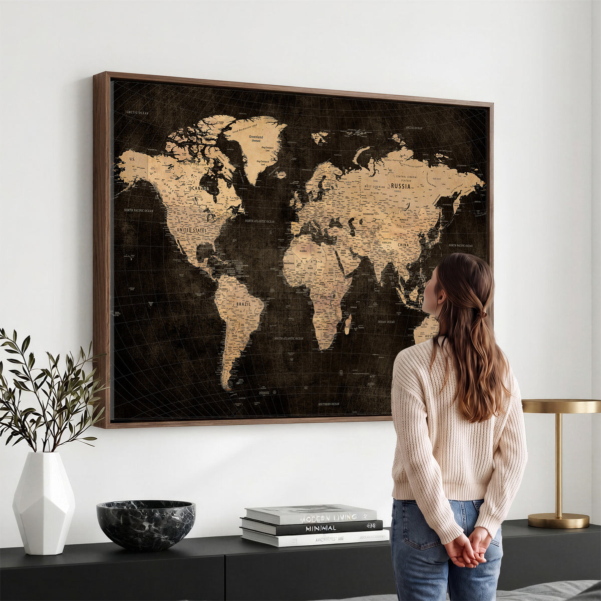 15118265-MGV-CV-36X24 - Brown World Map Canvas Print | Modern Travel Map Wall Art