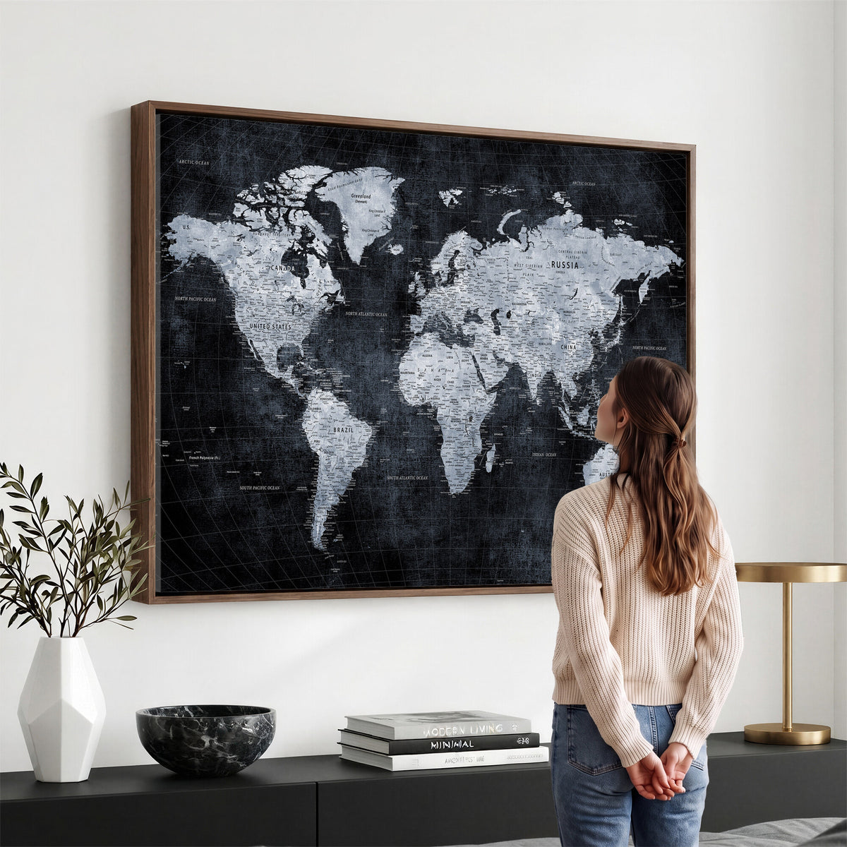 86893704-MGV-CV-36X24 - Black World Map Canvas Print | Detailed Map for Couples and Anniversary Gift