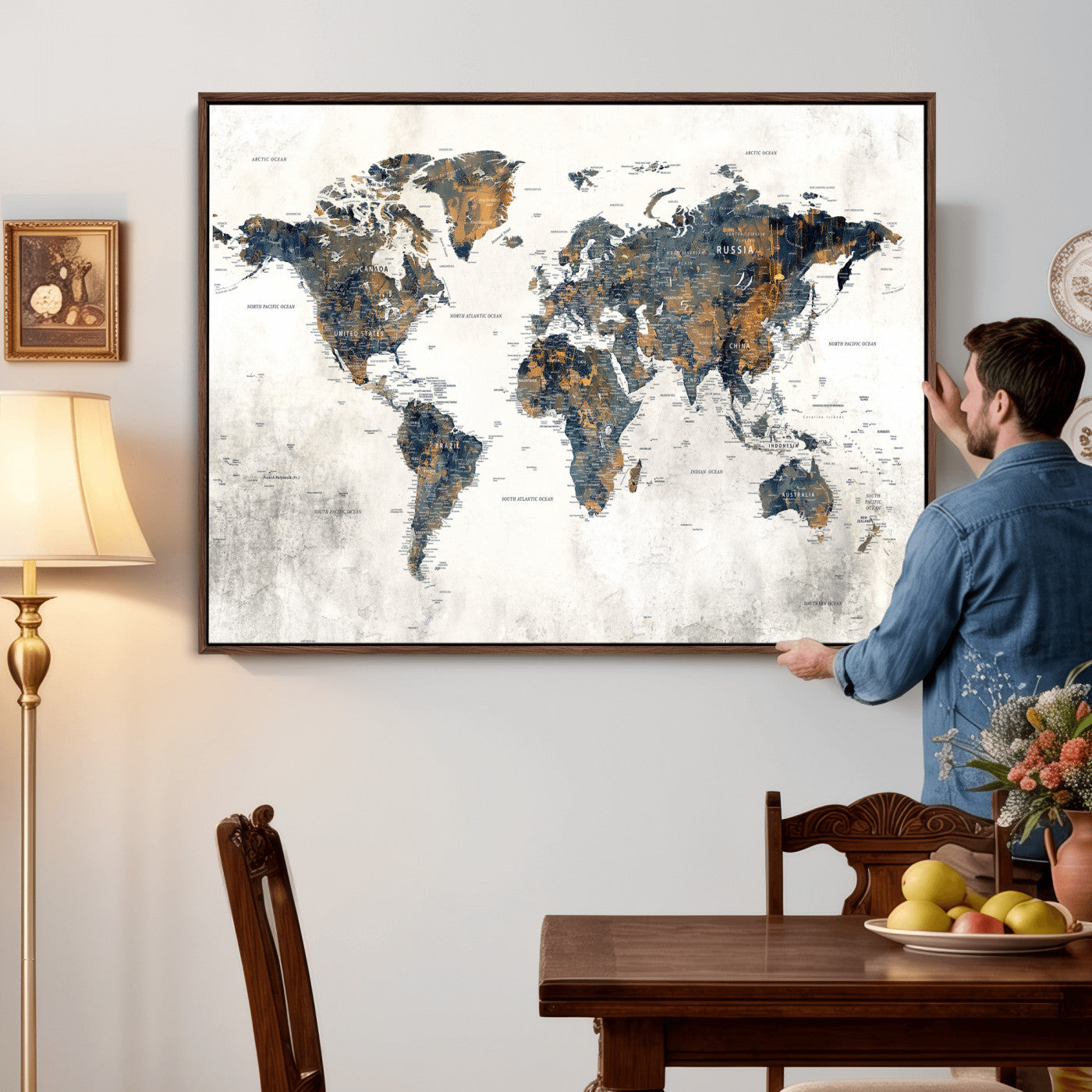 52451147-MGV-CV-36X24 - World Map Wall Art Canvas Print, Modern Decorative Framed Map Artwork Prints for Living Room, Office, Bedroom Wall Decor