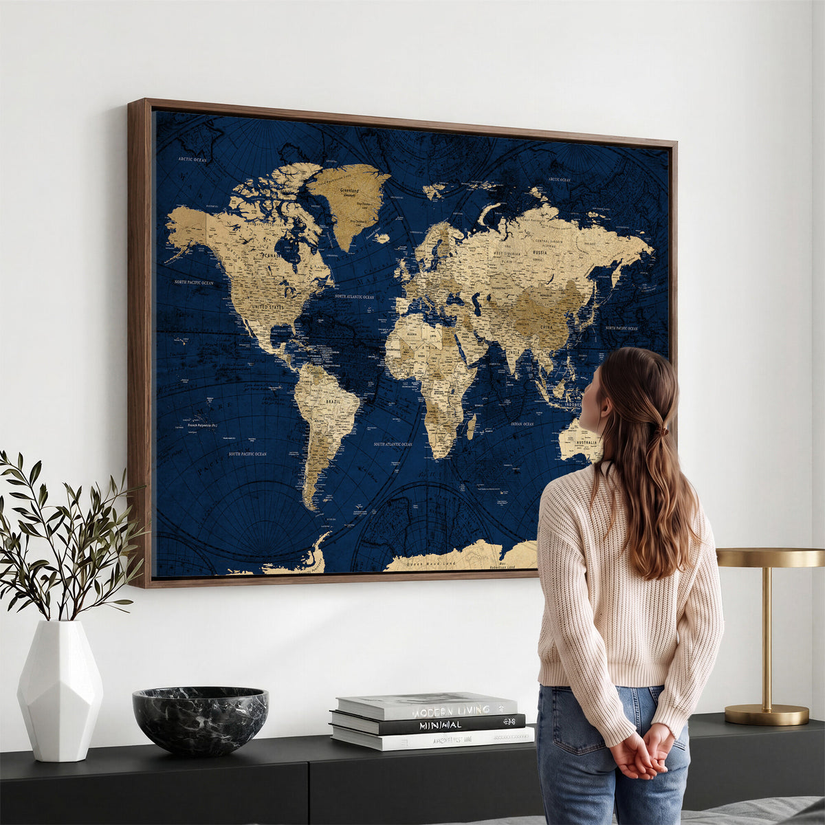 54770746-MGV-CV-36X24 - Navy Blue World Map Canvas Print – Detailed Map Minimal Navy