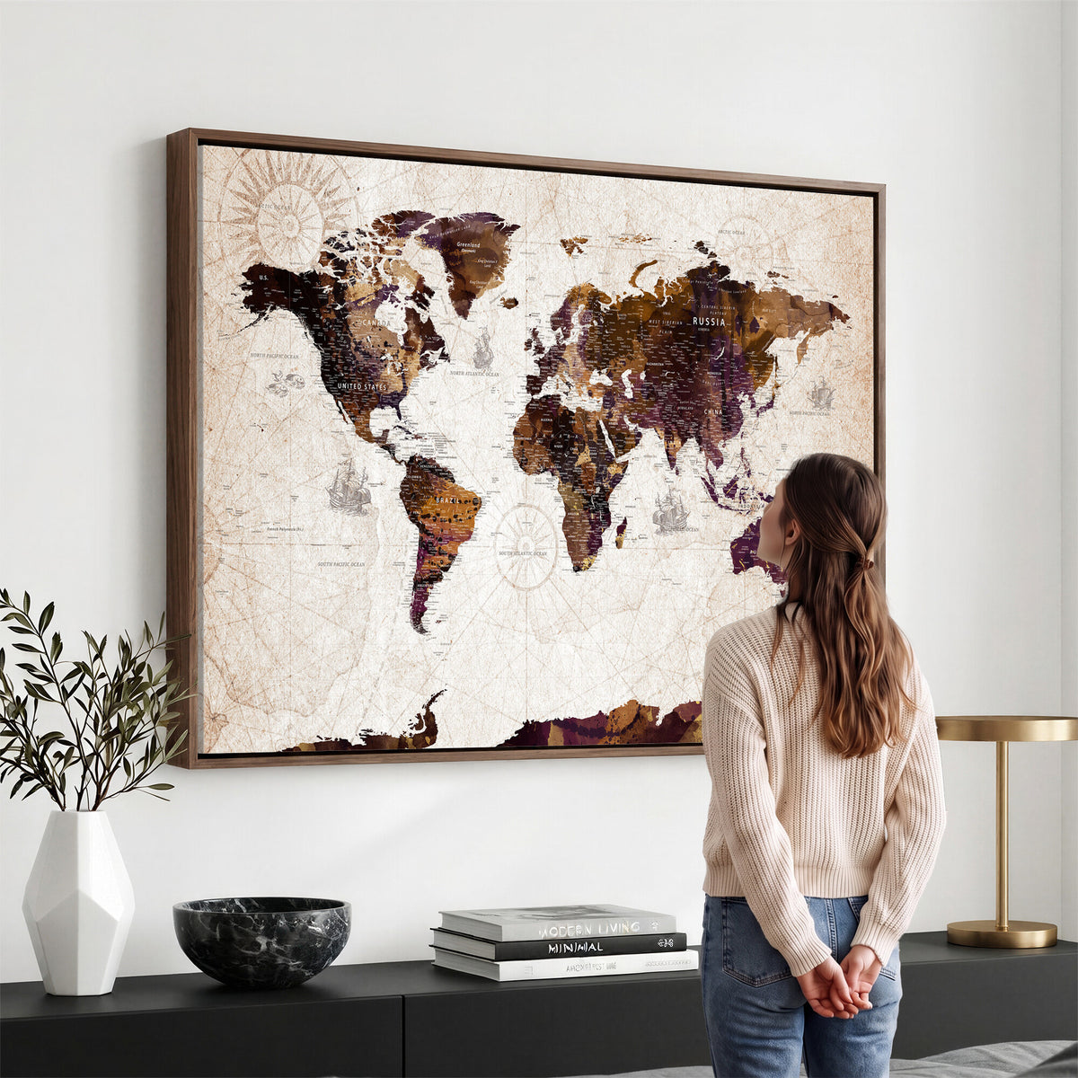 53400857-MGV-CV-36X24 - Blue Watercolor World Map Canvas Print – Framed Modern Wall