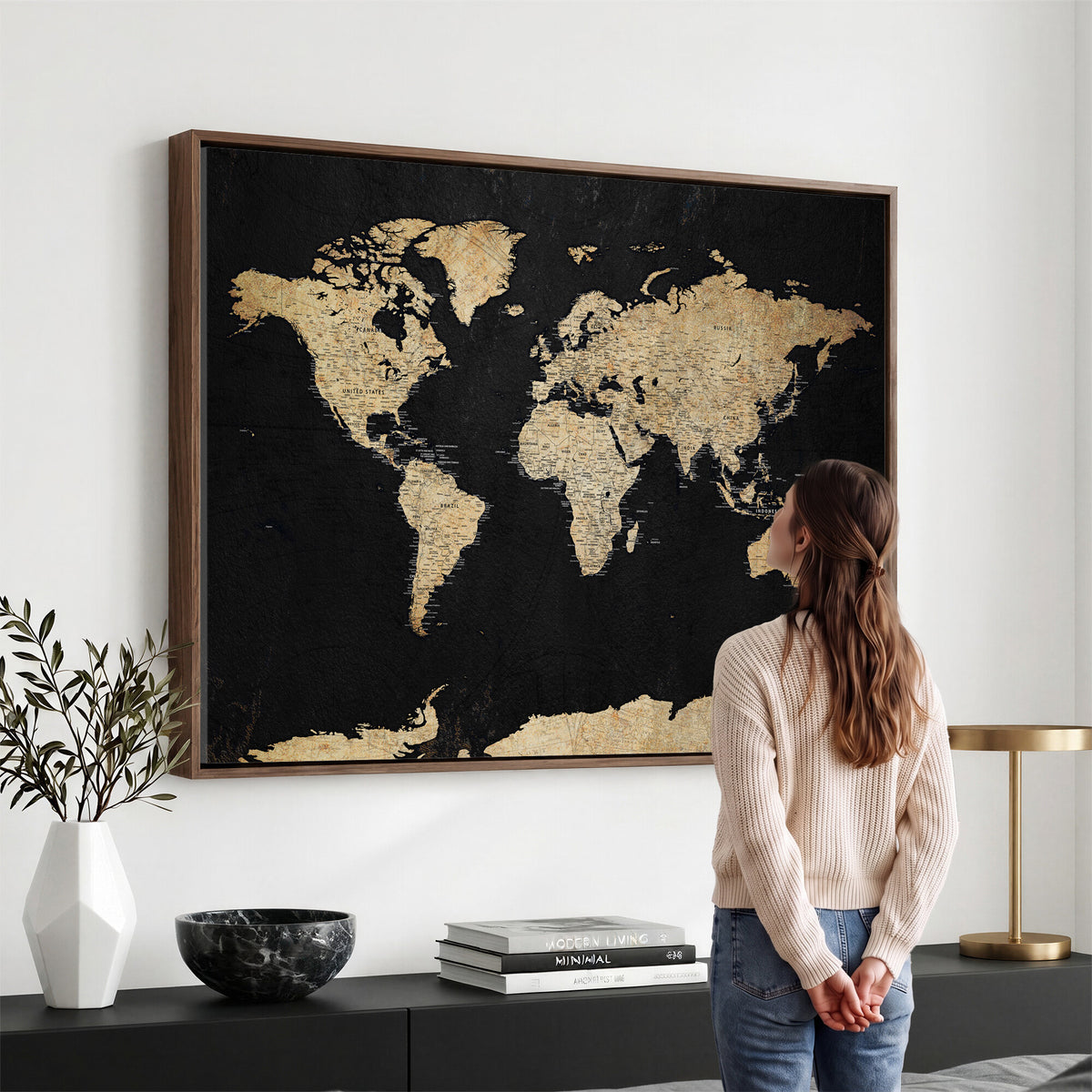 71518849-MGV-CV-36X24 - Beige World Map Canvas Wall Art Print, Minimal Black and