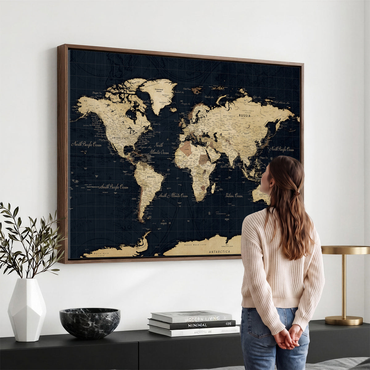 45063434-MGV-CV-36X24 - Dark World Map Canvas Wall Art Print, Minimal Black and Gold Map