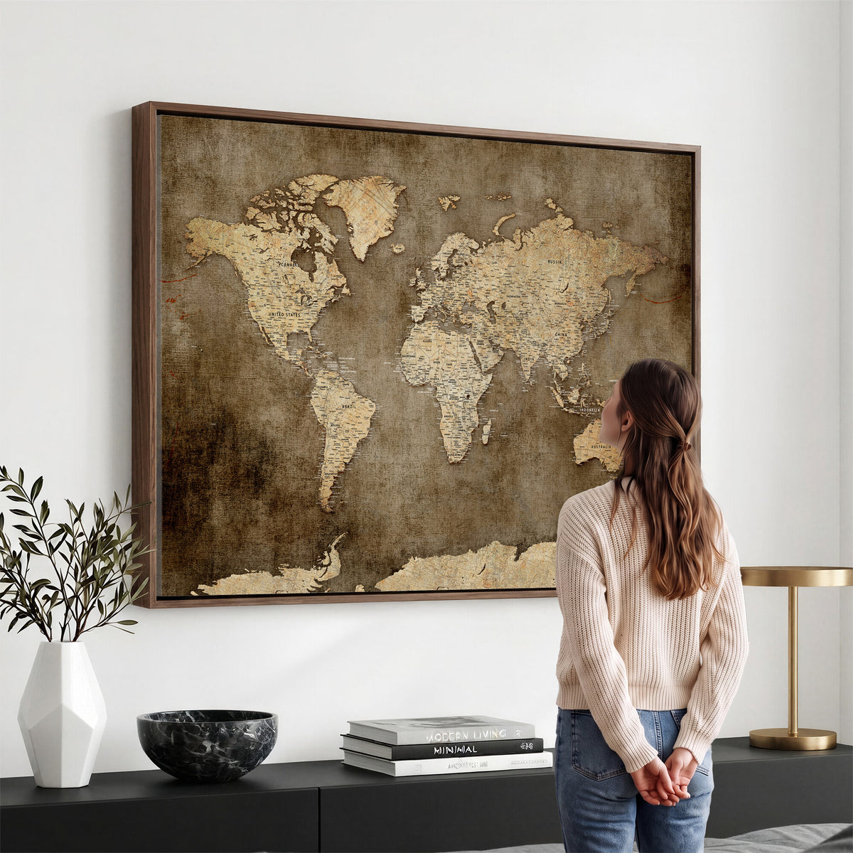 35847542-MGV-CV-36X24 - Dark Vintage World Map Canvas Wall Art Print, Antique Map