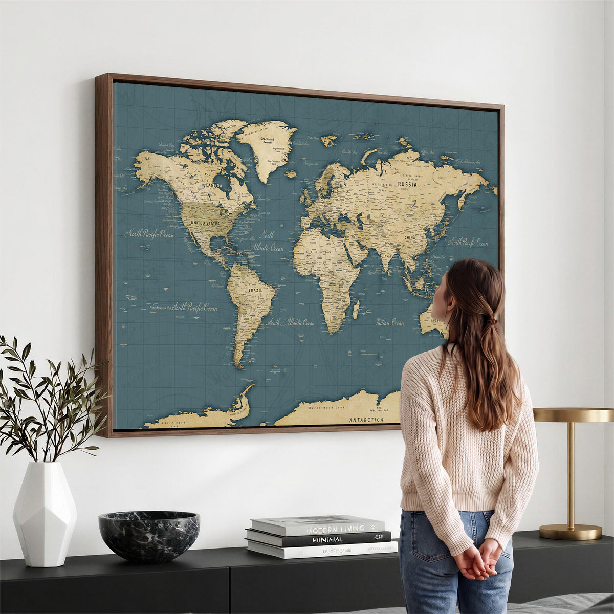 99599383-MGV-CV-36X24 - Minimal Vintage World Map Canvas Wall Art Print, Neutral