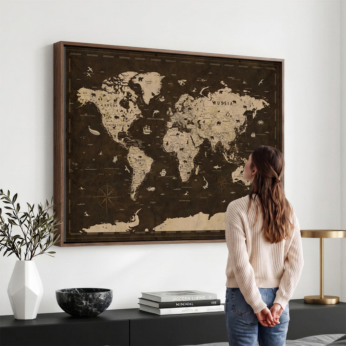 44276398-MGV-CV-36X24 - World Map Wall Art Canvas Print, Modern Decorative Framed Map Artwork Prints for Living Room, Office, Bedroom Wall Decor