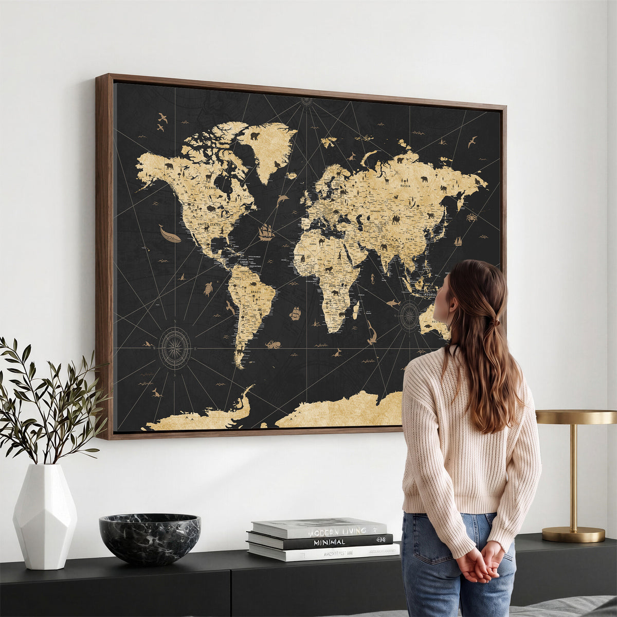 80270976-MGV-CV-36X24 - World Map Wall Art Canvas Print, Modern Decorative Framed Map Artwork Prints for Living Room, Office, Bedroom Wall Decor