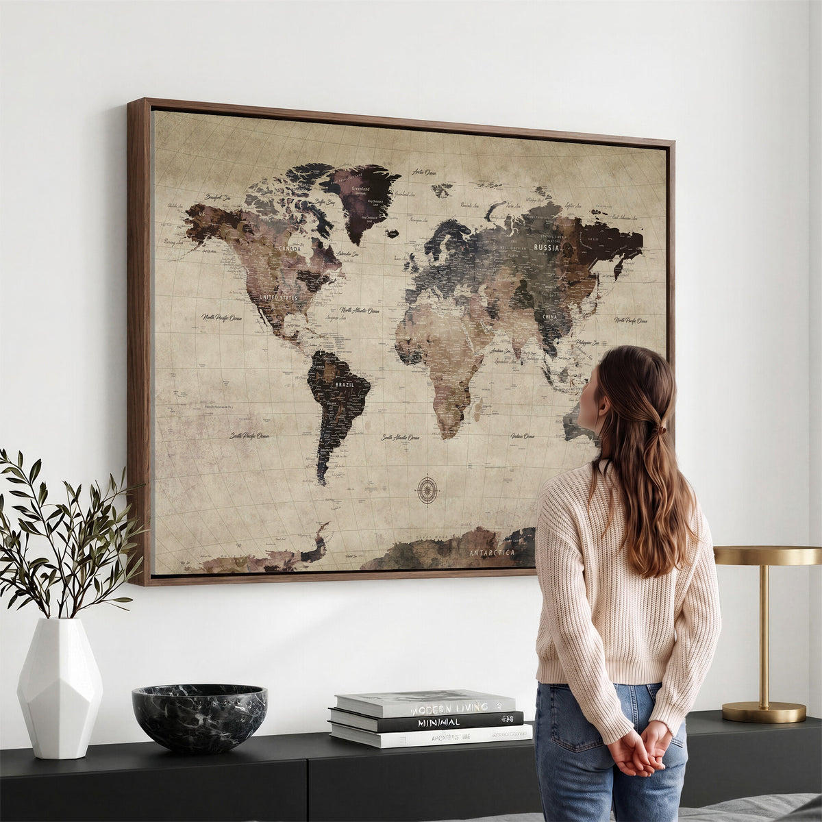 60560672-MGV-CV-36X24 - World Map Wall Art Canvas Print, Modern Decorative Framed Map Artwork Prints for Living Room, Office, Bedroom Wall Decor