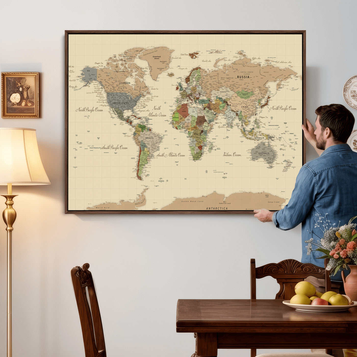 31407854-MGV-CV-36X24 - World Map Wall Art Canvas Print, Modern Decorative Framed Map Artwork Prints for Living Room, Office, Bedroom Wall Decor