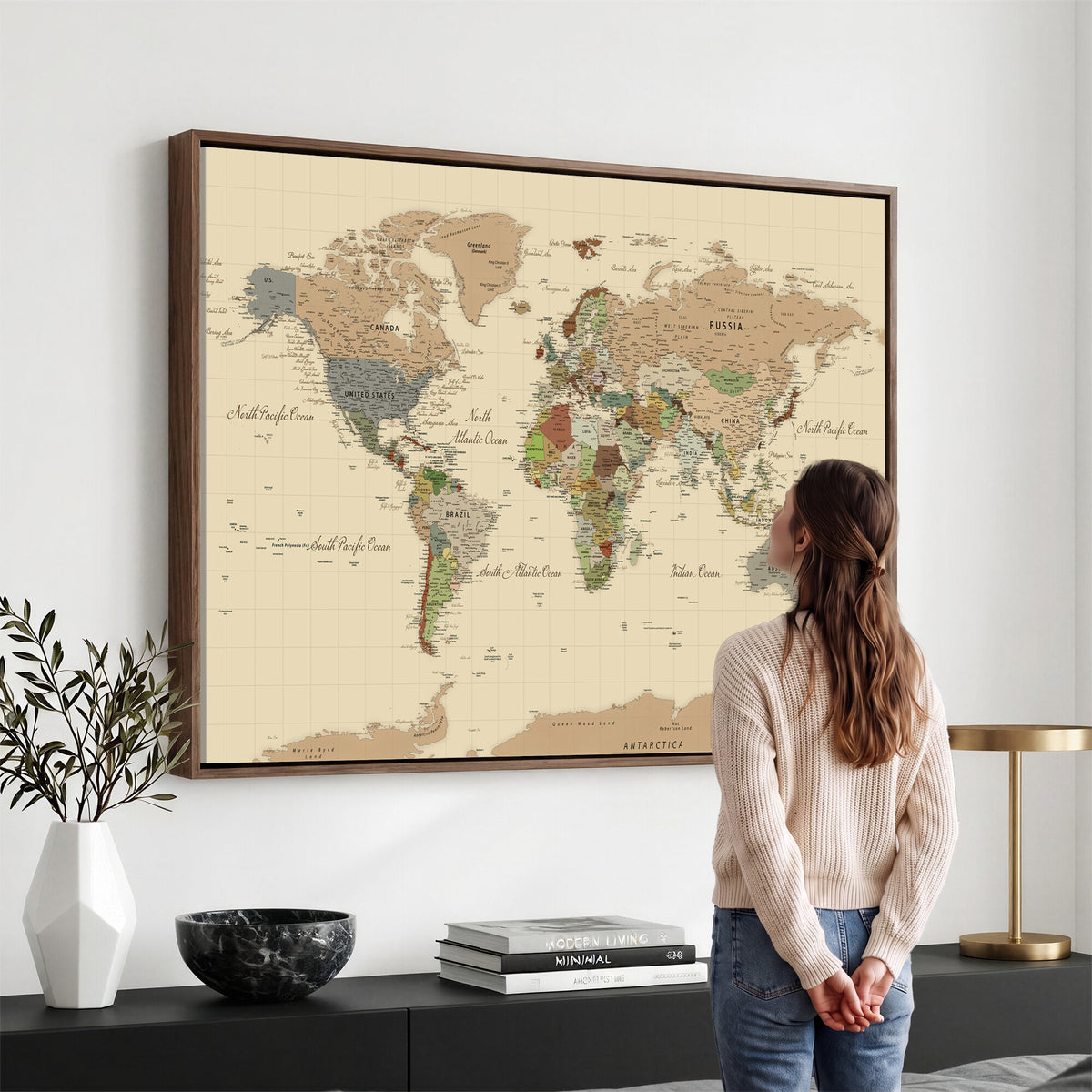 31407854-MGV-CV-36X24 - World Map Wall Art Canvas Print, Modern Decorative Framed Map Artwork Prints for Living Room, Office, Bedroom Wall Decor