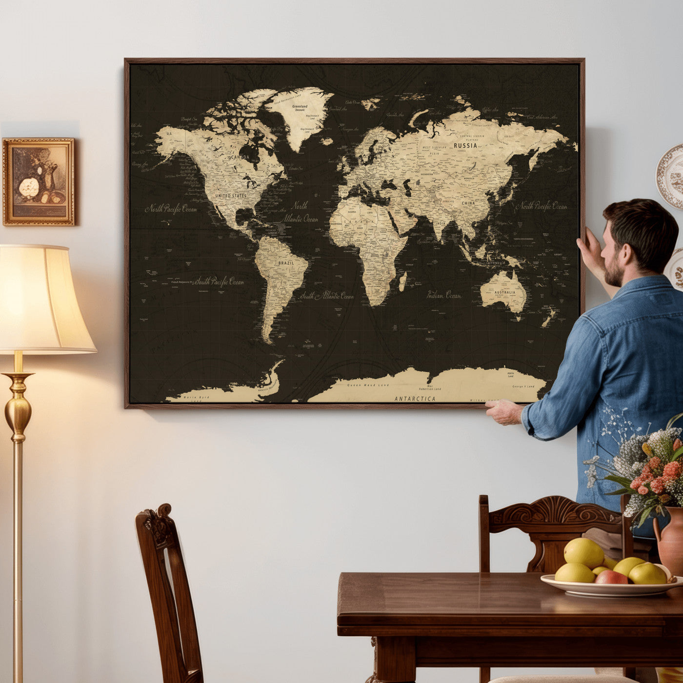 89024244-MGV-CV-36X24 - World Map Wall Art Canvas Print, Modern Decorative Framed Map Artwork Prints for Living Room, Office, Bedroom Wall Decor