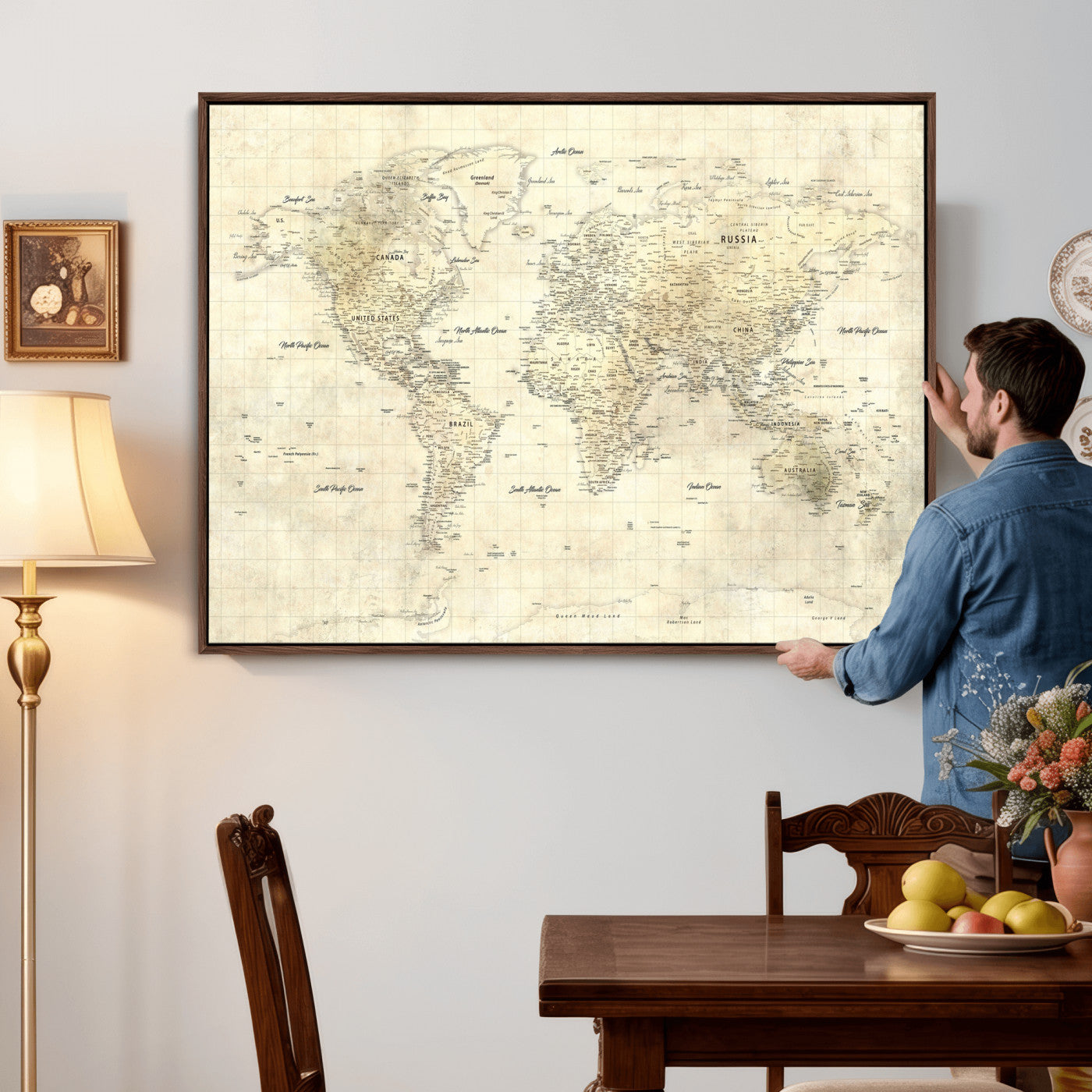 17101439-MGV-CV-36X24 - World Map Wall Art Canvas Print, Modern Decorative Framed Map Artwork Prints for Living Room, Office, Bedroom Wall Decor