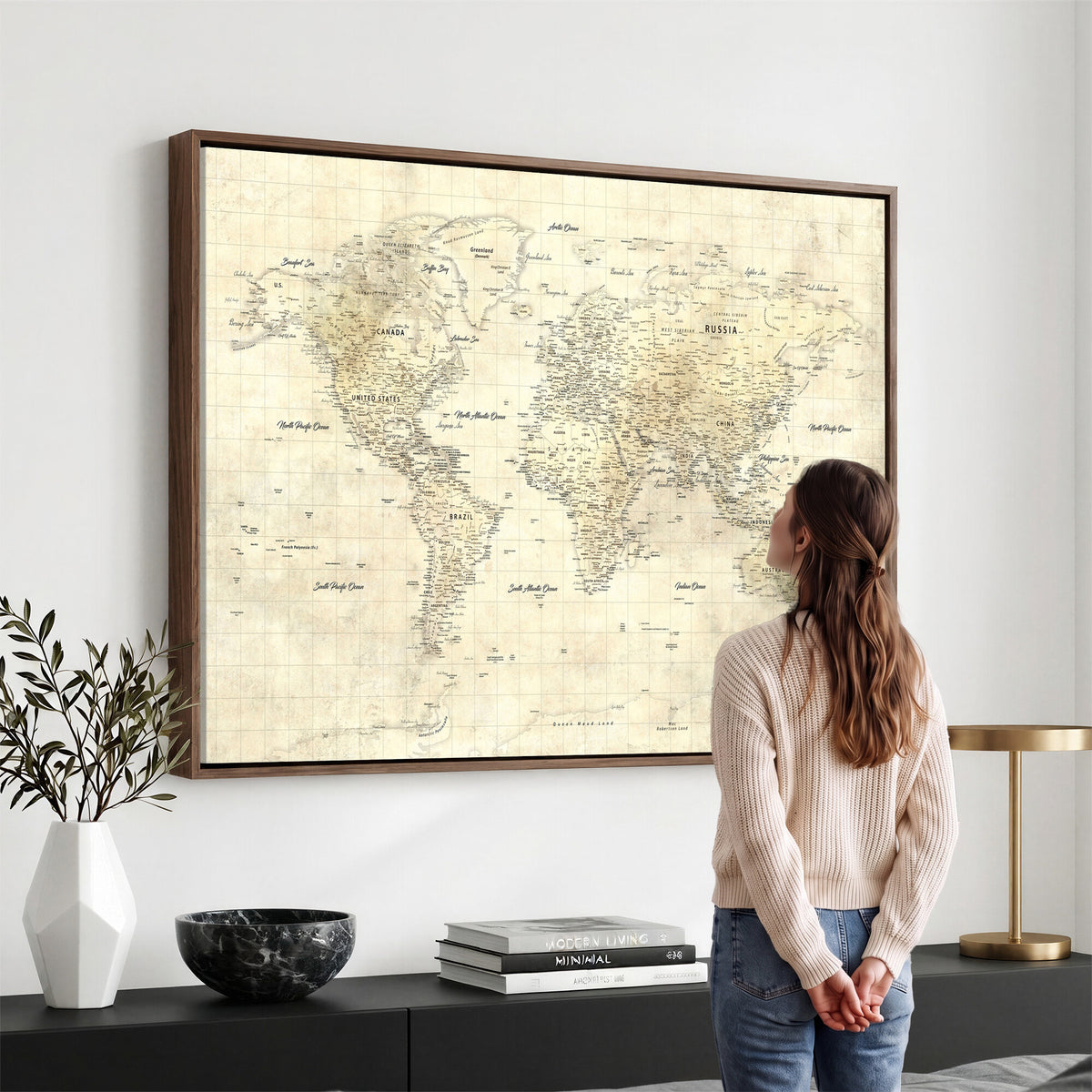 17101439-MGV-CV-36X24 - World Map Wall Art Canvas Print, Modern Decorative Framed Map Artwork Prints for Living Room, Office, Bedroom Wall Decor