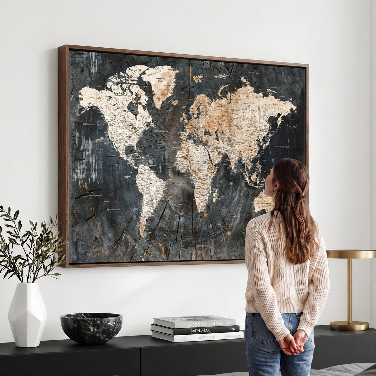 89162112-MGV-CV-36X24 - World Map Wall Art Canvas Print, Modern Decorative Framed Map Artwork Prints for Living Room, Office, Bedroom Wall Decor
